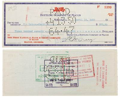 中贸圣佳2025四季消夏拍卖会钱币专场拍品 - 1960年 梅肯百事可乐装瓶公司（Pepsi - Cola Bottling Company of Macon）支票