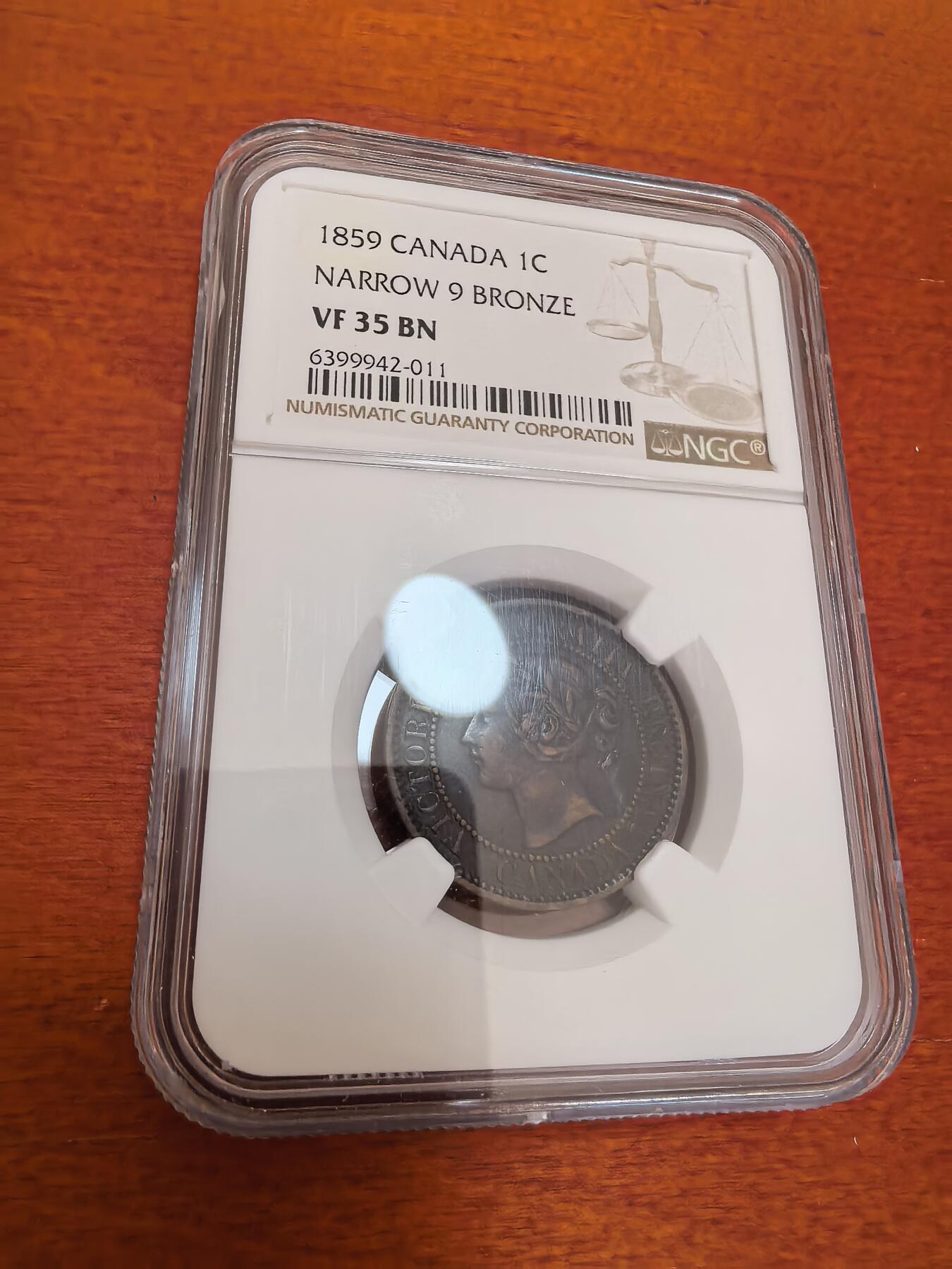 长老汇蛇年精选第四十七场拍卖 1859加拿大维多利亚1分铜币，窄九，NGC VF35BN