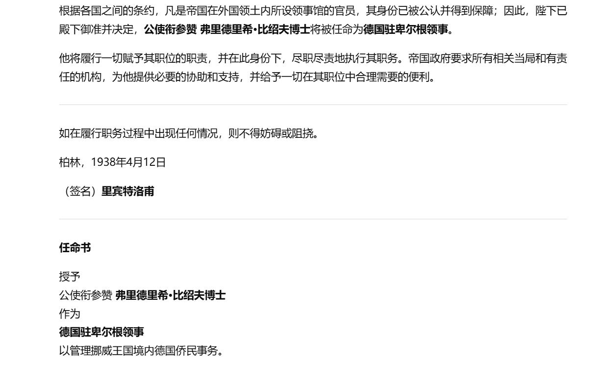铭记历史！以史为鉴！戎马世界章牌大赏第105期 德章专场 弗里德里希·比绍夫被任命为驻挪威卑尔根领事的任命书，由德三外交部长里宾特洛甫及挪威首相约翰·尼高洛维双重亲签，规格极高