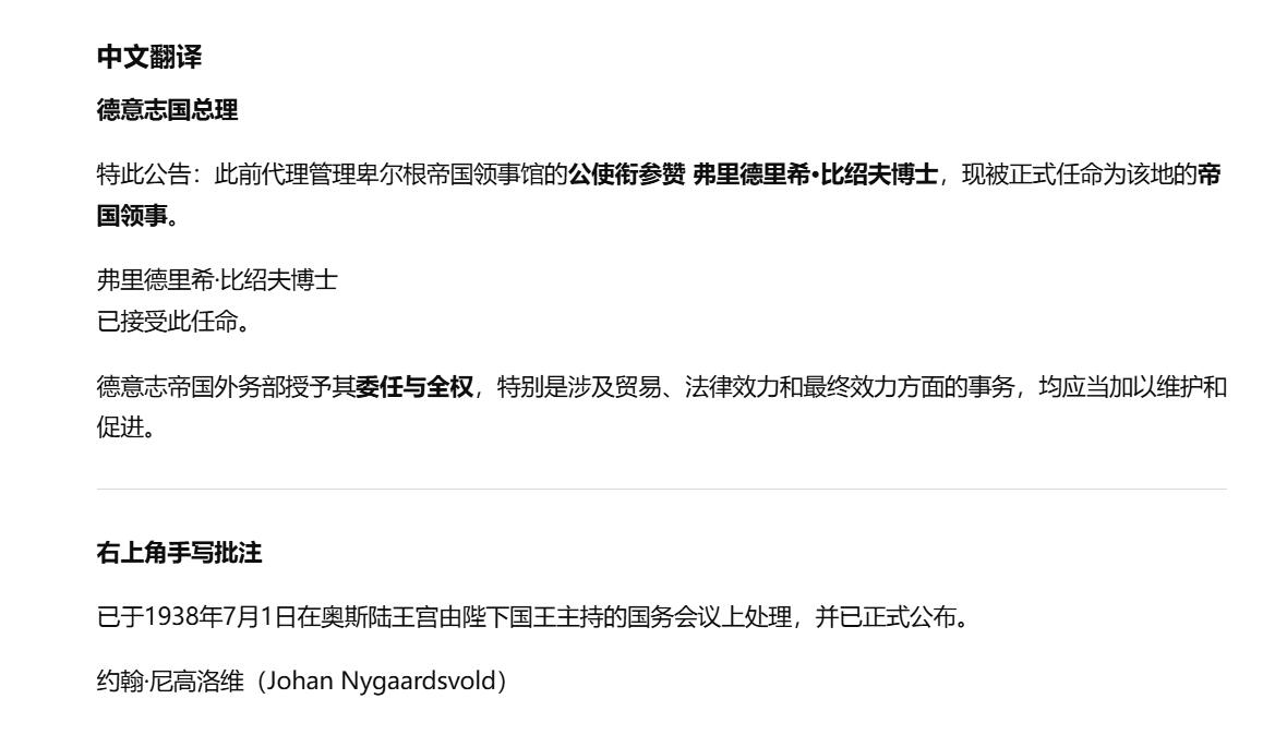 铭记历史！以史为鉴！戎马世界章牌大赏第105期 德章专场 弗里德里希·比绍夫被任命为驻挪威卑尔根领事的任命书，由德三外交部长里宾特洛甫及挪威首相约翰·尼高洛维双重亲签，规格极高
