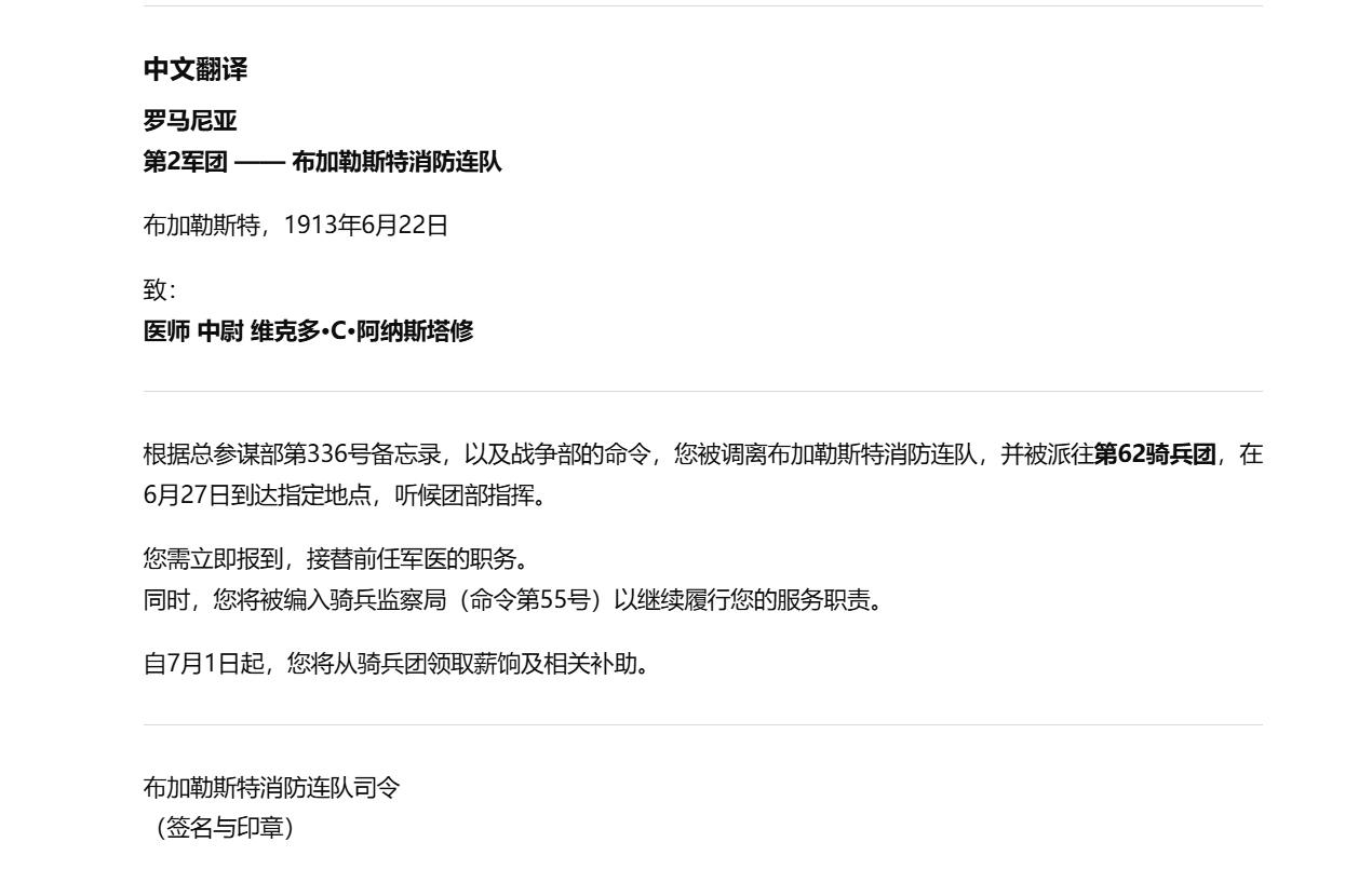铭记历史！以史为鉴！戎马世界章牌大赏第105期 德章专场 通知维克多・阿纳斯塔西乌其被任命为62骑兵团军医主任的通知书