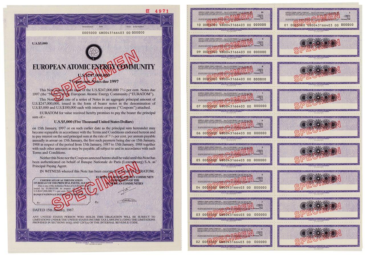 中贸圣佳2025四季消夏拍卖会钱币专场拍品 1987年 欧洲原子能共同体（EUROPEAN ATOMIC ENERGY COMMUNITY）债券样票