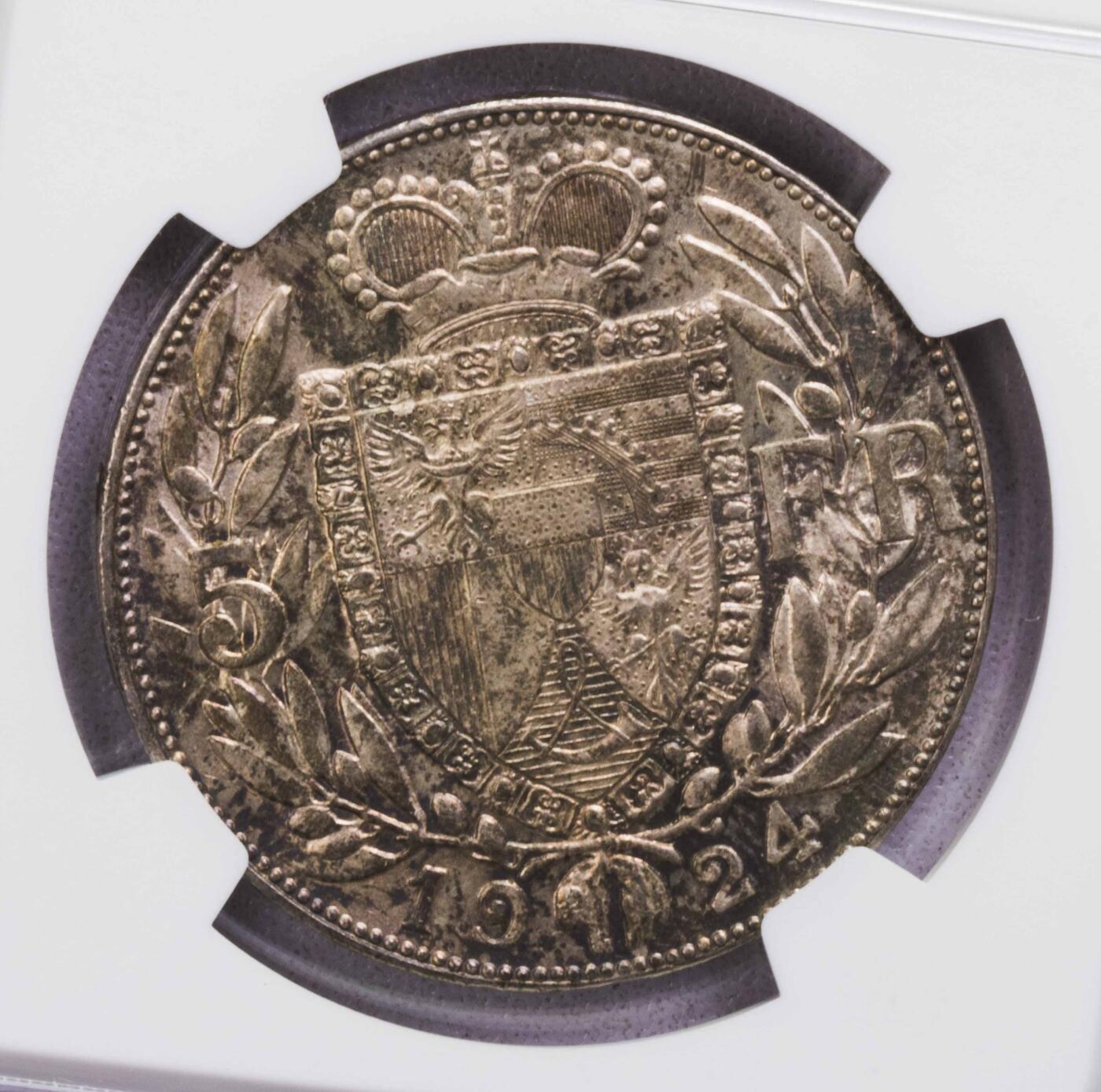 NGC-MS62 1924列支敦士登5法郎银币 法郎版