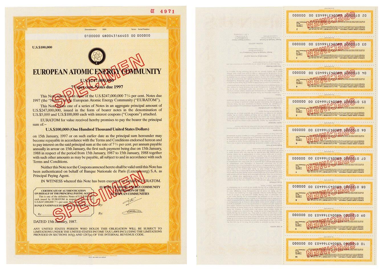 中贸圣佳2025四季消夏拍卖会钱币专场拍品 1987年 欧洲原子能共同体（EUROPEAN ATOMIC ENERGY COMMUNITY，简称EURATOM）债券凭证