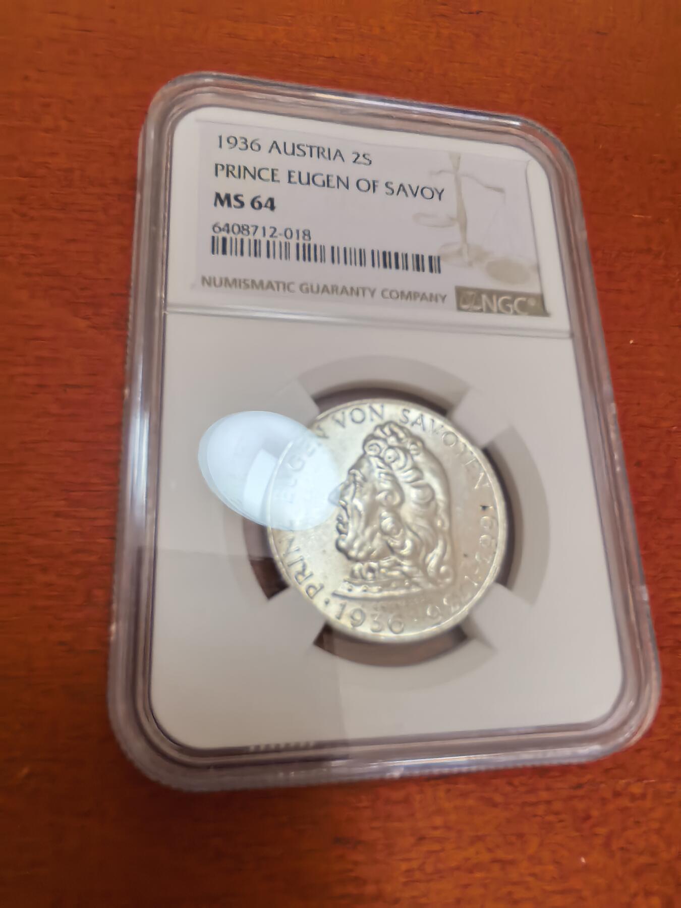 长老汇蛇年精选第四十七场拍卖 1936 奥地利欧根亲王2先令银币，NGC MS64分，季军，更高5枚