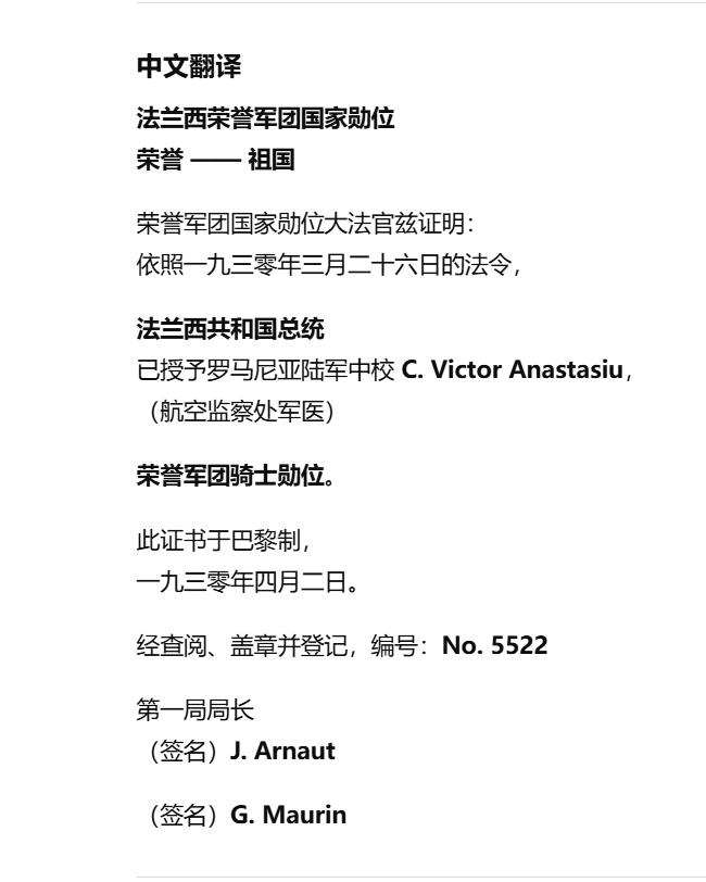 铭记历史！以史为鉴！戎马世界章牌大赏第105期 德章专场 罗马尼亚航空医学奠基人 维克多・阿纳斯塔西乌将军的骑士级荣誉军团勋章证书