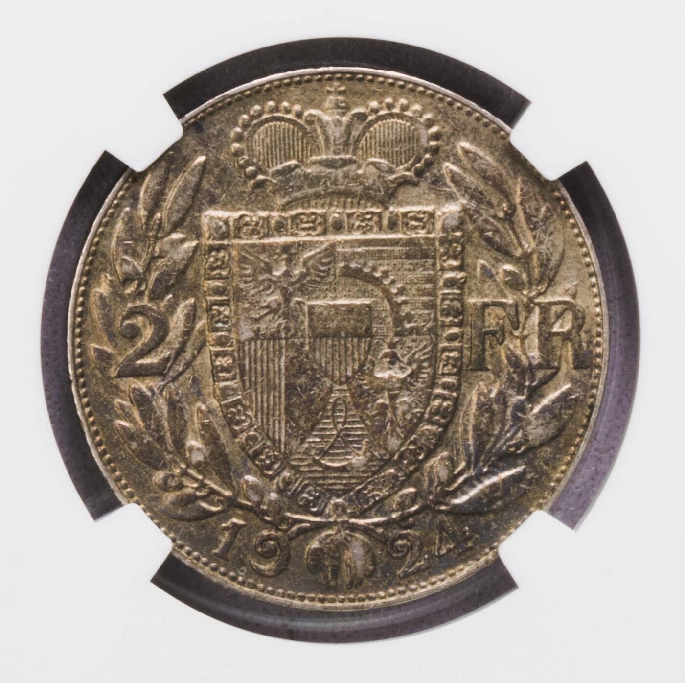 NGC-AU55 1924列支敦士登2法郎银币 法郎版
