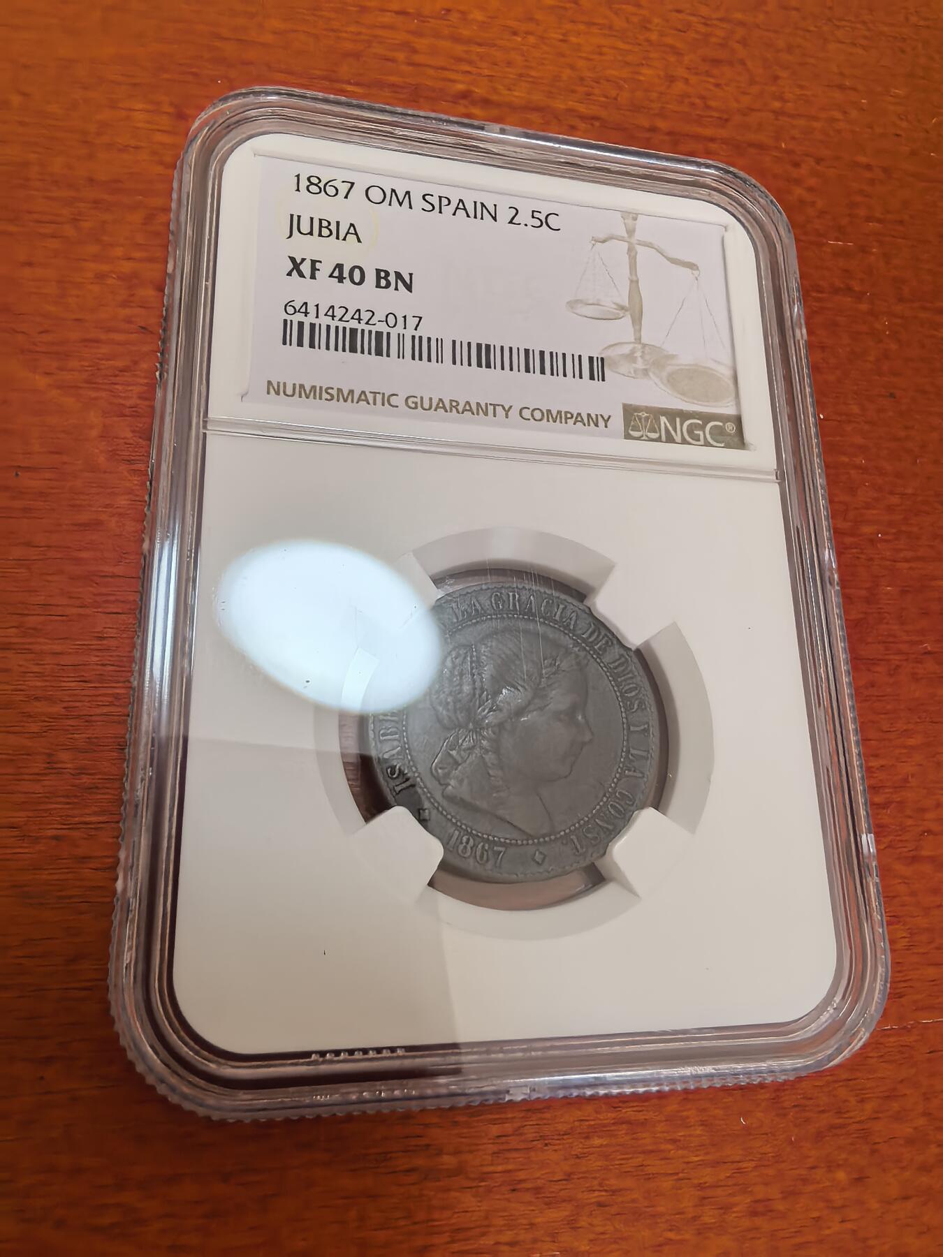 长老汇蛇年精选第四十七场拍卖 1867西班牙伊莎贝拉二世2.5分铜币，NGC XF40BN