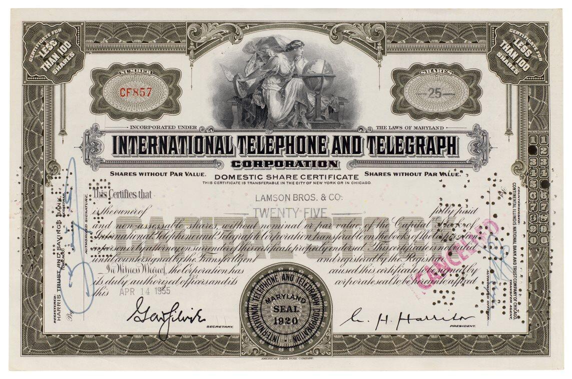 中贸圣佳2025四季消夏拍卖会钱币专场拍品 1955年 国际电话电报公司（International Telephone and Telegraph Corporation，简称ITT）股票证书