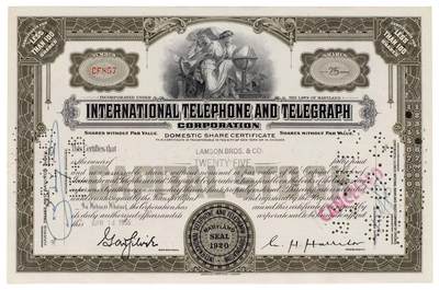中贸圣佳2025四季消夏拍卖会钱币专场拍品 - 1955年 国际电话电报公司（International Telephone and Telegraph Corporation，简称ITT）股票证书