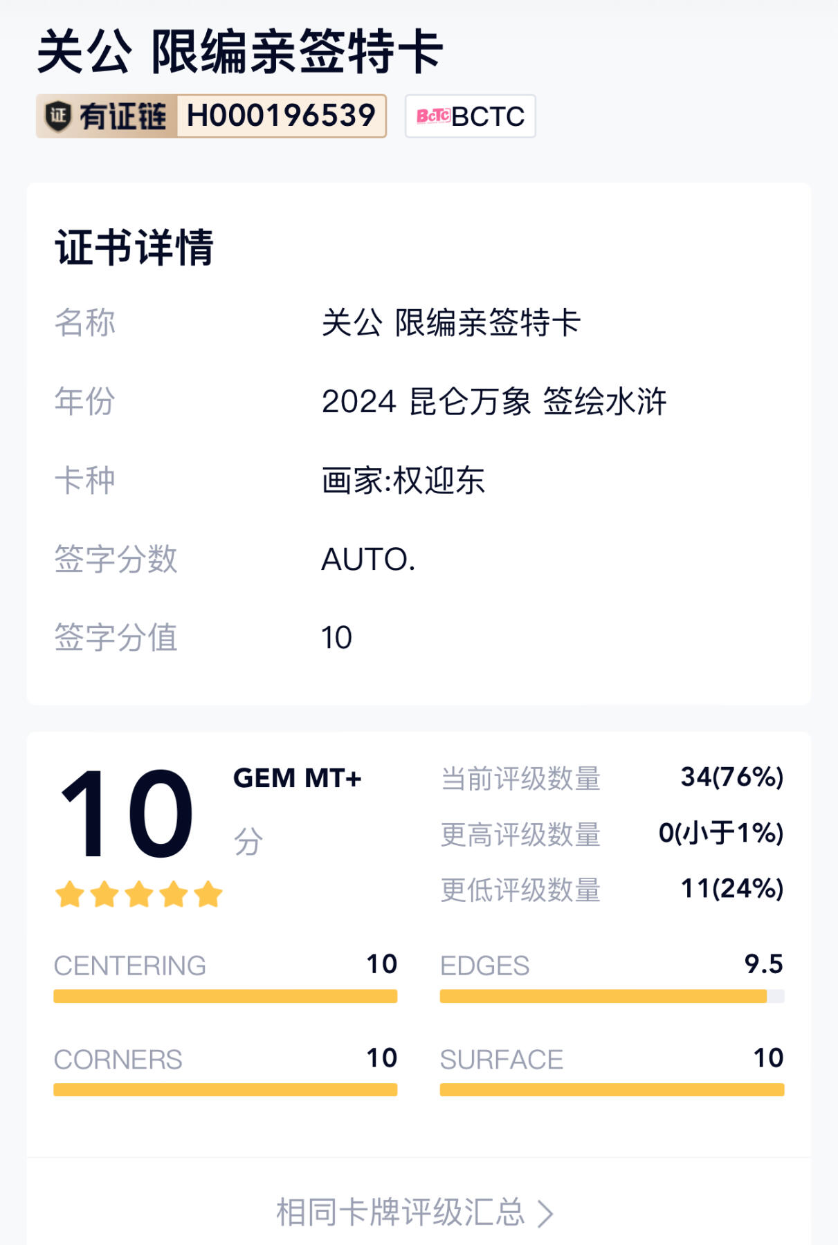 闲来无事，随便拍拍(无佣金) 【008编双10最高分亲签】关公 权迎东亲签 权迎东签绘水浒第二弹  关公限编亲签评级卡 008/045 10分 最高分 昆仑万象