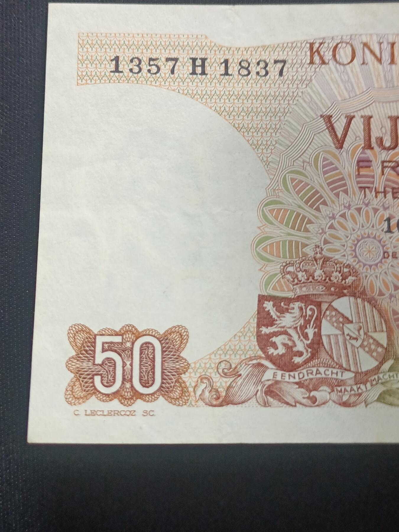【游宝拍卖】乙巳蛇年70期 周六集拍竞价 比利时-50法郎【1966年 全新品相UNC- 】