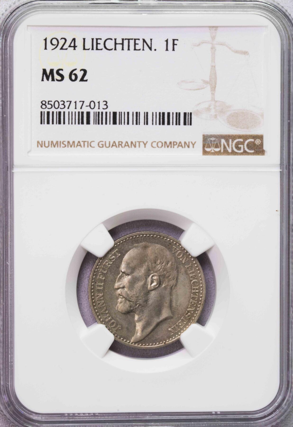 NGC-MS62 1924列支敦士登1法郎银币 法郎版