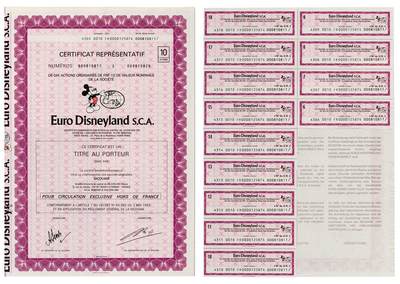 中贸圣佳2025四季消夏拍卖会钱币专场拍品 - 1989年 欧洲迪士尼公司（Euro Disneyland S.C.A.）股票证书