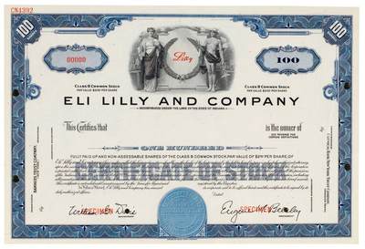 中贸圣佳2025四季消夏拍卖会钱币专场拍品 - 1955年 礼来公司（ELI LILLY AND COMPANY）股票证书标本