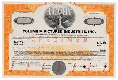 中贸圣佳2025四季消夏拍卖会钱币专场拍品 - 1994年 哥伦比亚影业公司(Columbia Pictures) 债券样票