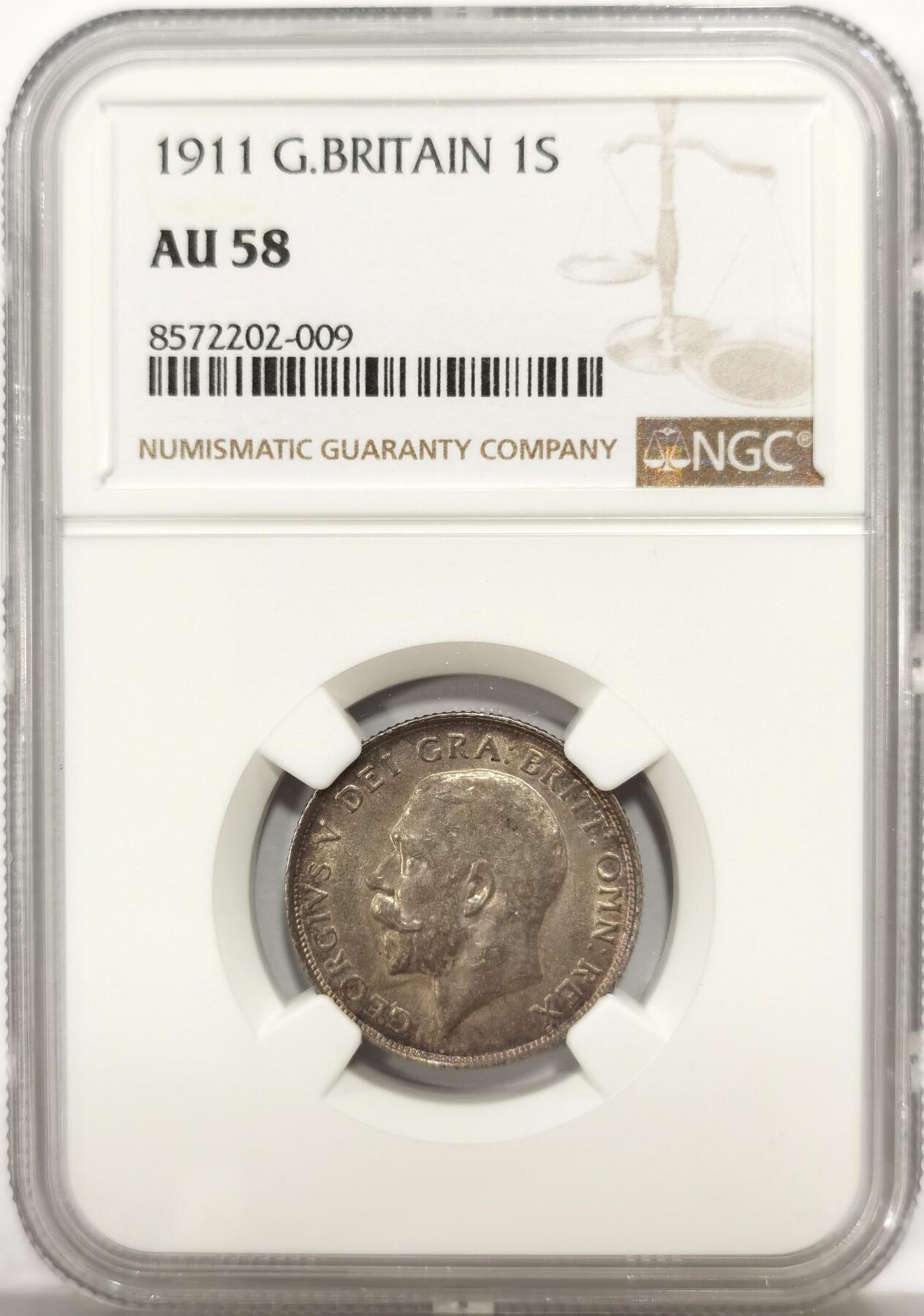 博洋堂世界钱币拍卖第140期（全场包邮） NGC AU58 英国1911年乔治五世1先令银币，乔五加冕年，极美紫罗兰彩，转光好品。