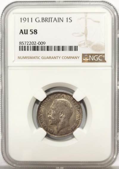 博洋堂世界钱币拍卖第140期（全场包邮） - NGC AU58 英国1911年乔治五世1先令银币，乔五加冕年，极美紫罗兰彩，转光好品。