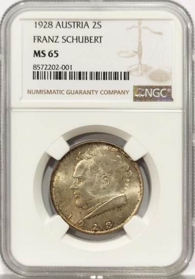 博洋堂世界钱币拍卖第140期（全场包邮） - NGC MS65 冠军分！奥地利1928年舒伯茨2先令银币，淡彩温润，转光强烈，一步到位的好品相。