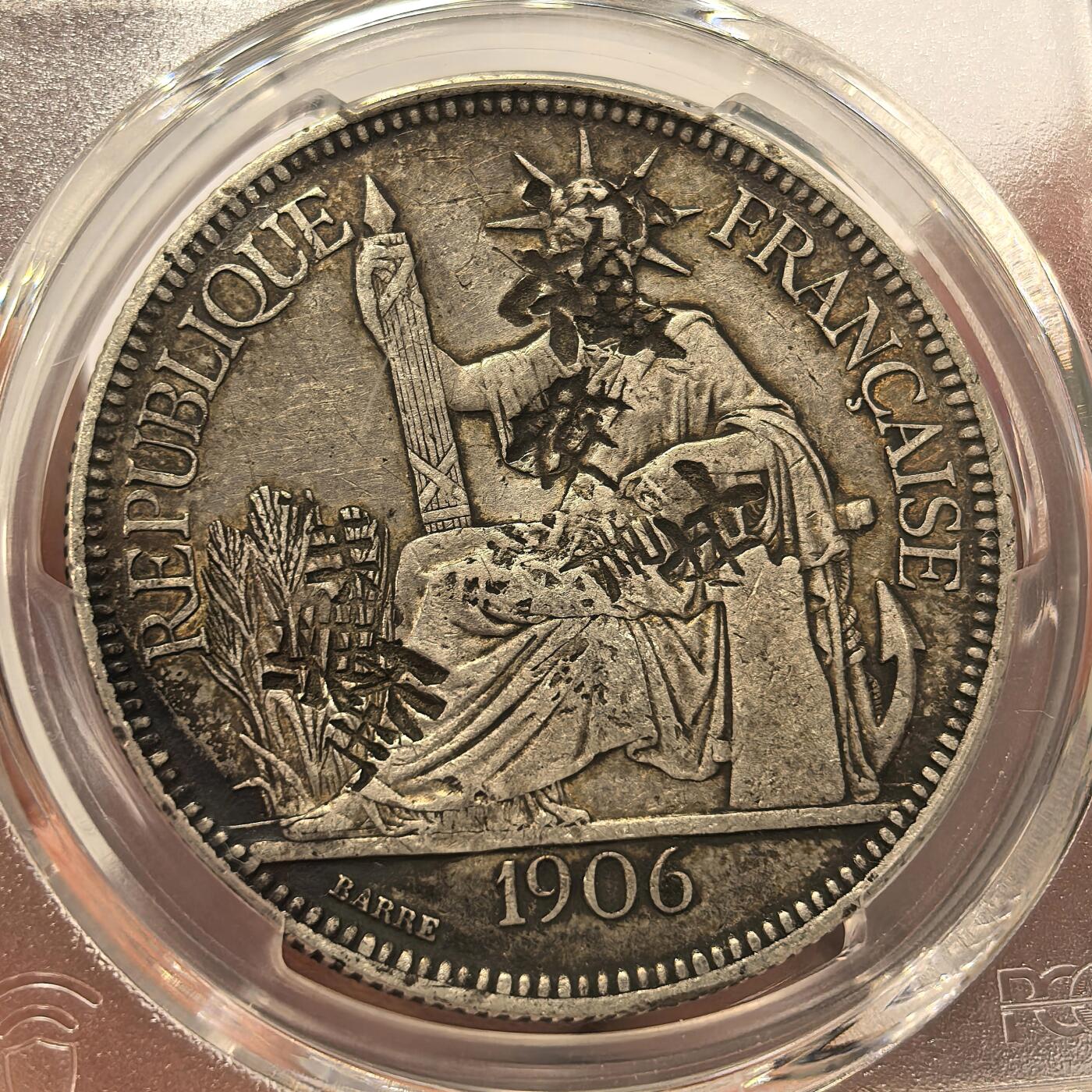 博洋堂世界钱币拍卖第140期（全场包邮） PCGS XF 法属印支1906年坐洋大银币，原味包浆，多个精美戳记画押值得研究