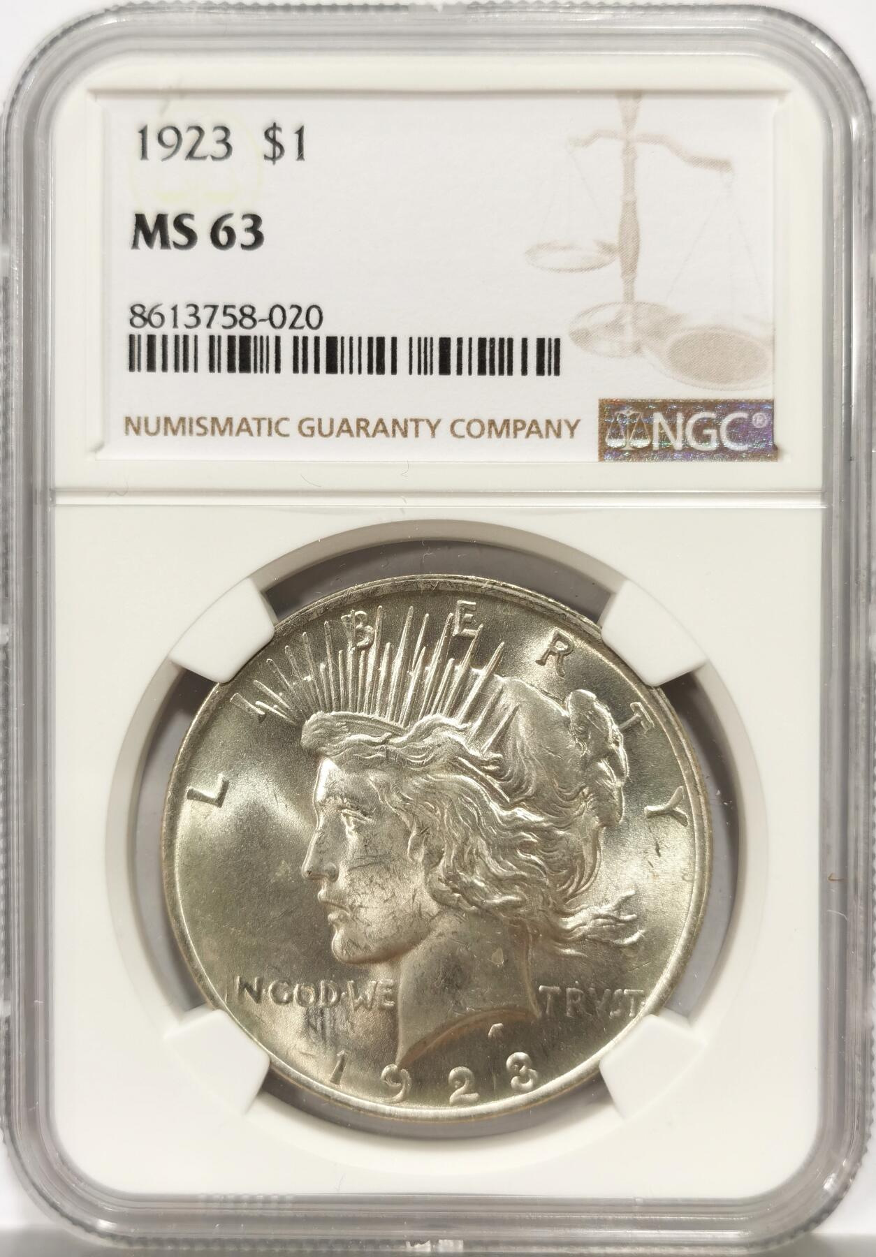 博洋堂世界钱币拍卖第140期（全场包邮） NGC MS63 美国1923年和平银币，卷拆原光好品，状态不输64。