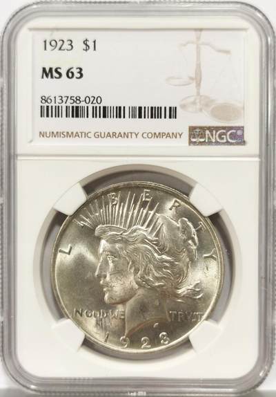 博洋堂世界钱币拍卖第140期（全场包邮） - NGC MS63 美国1923年和平银币，卷拆原光好品，状态不输64。