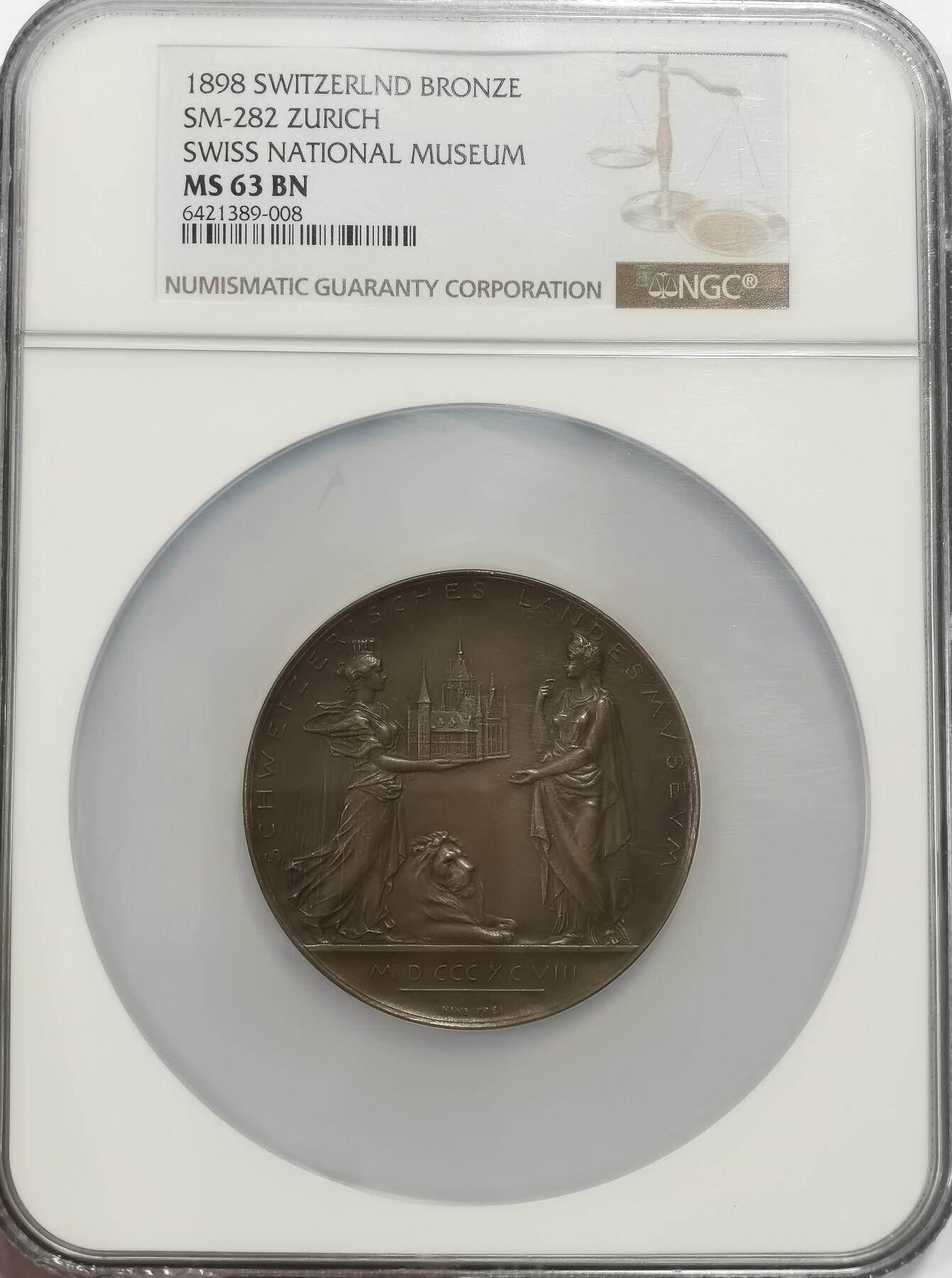 博洋堂世界钱币拍卖第140期（全场包邮） NGC MS63 瑞士国家博物馆1898年建成纪念巨大铜章，60mm巨大款，高浮雕女神优雅唯美，俯卧的雄狮默默守望着仪式的落成。盒子正面左下角有一小处磕损