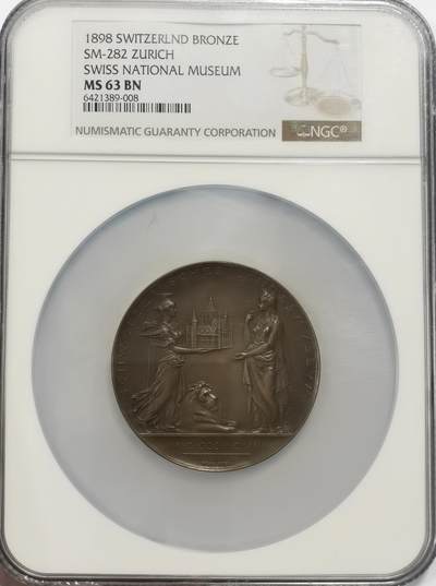 博洋堂世界钱币拍卖第140期（全场包邮） - NGC MS63 瑞士国家博物馆1898年建成纪念巨大铜章，60mm巨大款，高浮雕女神优雅唯美，俯卧的雄狮默默守望着仪式的落成。盒子正面左下角有一小处磕损