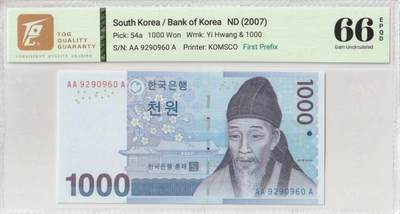 2025九月第三期（总193期） - 韩国2007版1000元TQG66epqd首冠AA/A无47倒置号，栗谷李洱和江陵紫竹院