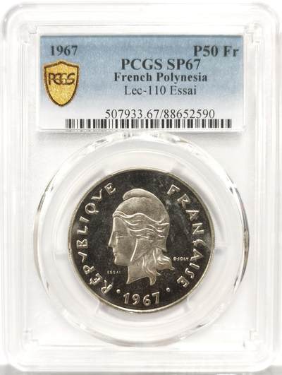 博洋堂世界钱币拍卖第140期（全场包邮） - PCGS SP67 波利尼西亚1967年50法郎大面值Essai样币，亚军分，最高也就68分！盒子背面左侧卡槽有一处小磕