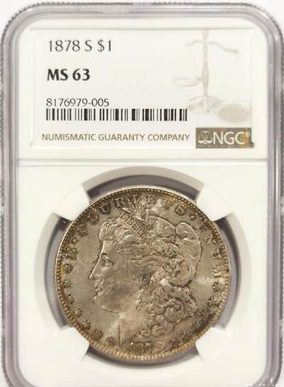 【稀，首年S版】1878-S $1 美国摩根银币，首年S厂铭少见，NGC MS63分，金彩流淌 - 【稀，首年S版】1878-S $1 美国摩根银币，首年S厂铭少见，NGC MS63分，金彩流淌