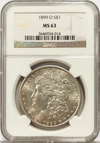 博洋堂世界钱币拍卖第140期（全场包邮） - 美国1899年摩根银币O版NGC-MS63，原汁原味老包浆，包浆醇厚润泽又柔和，转光强烈细节优秀，市场上较少的年份。