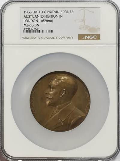 博洋堂世界钱币拍卖第140期（全场包邮） - NGC MS63 大英帝国1906年伦敦奥地利博览会62mm巨大铜章，加厚加大盒子，一斤重，送评打盒子就得300多。