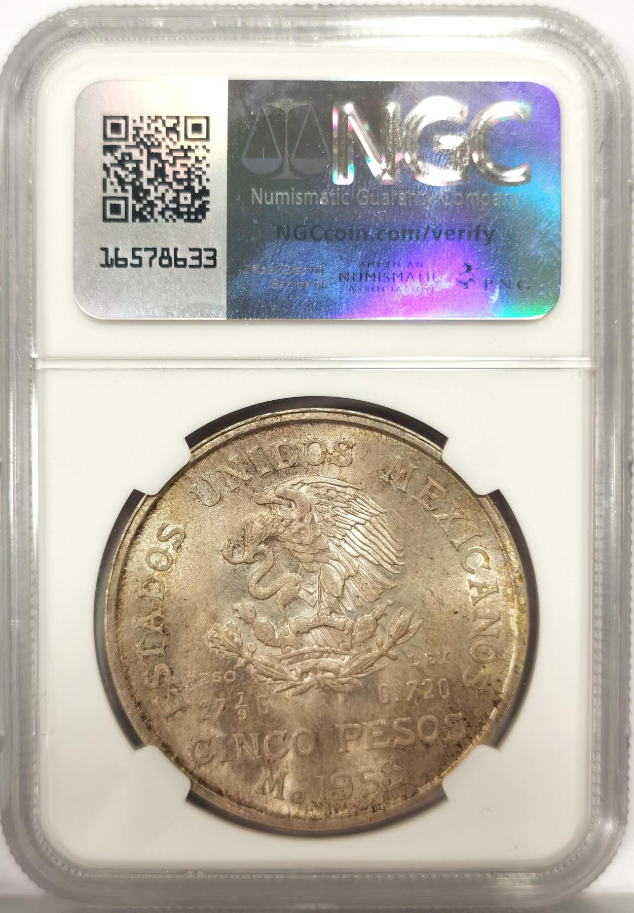博洋堂世界钱币拍卖第140期（全场包邮） NGC MS64 墨西哥1953年国父伊达尔戈诞辰200周年5比索纪念大银币，双面黄油转光，较少见的品种，高分难得。