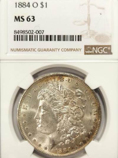 【美，环彩】1884-O $1 美国摩根银币，NGC MS63分，高点细节俱在，鹰羽完整，环彩味道一流 - 【美，环彩】1884-O $1 美国摩根银币，NGC MS63分，高点细节俱在，鹰羽完整，环彩味道一流