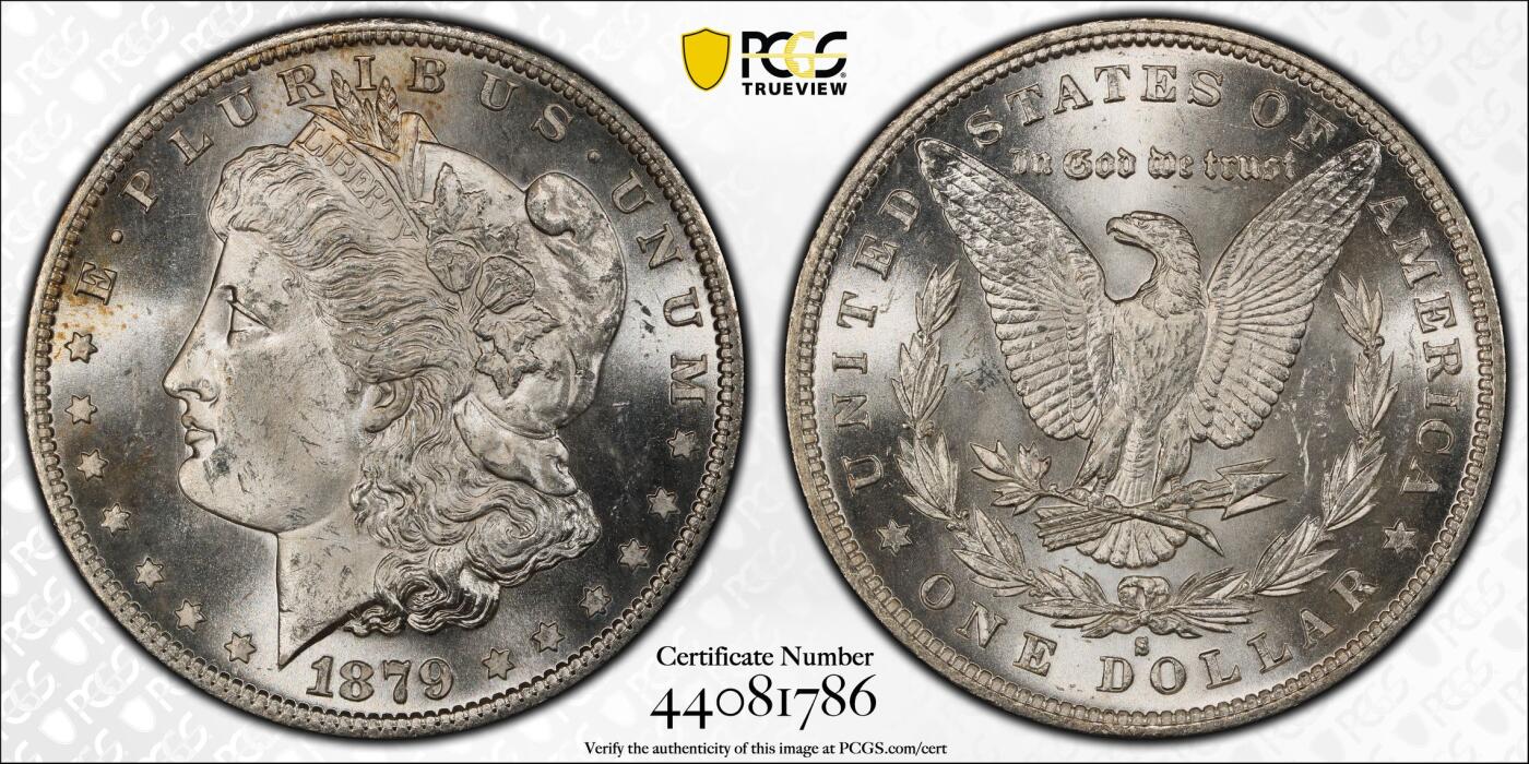 【稀，次年】1879-S $1 美国摩根银币，PCGS MS63分老盒严评，高点细节俱在，鹰羽完整，原光镜面味道一流