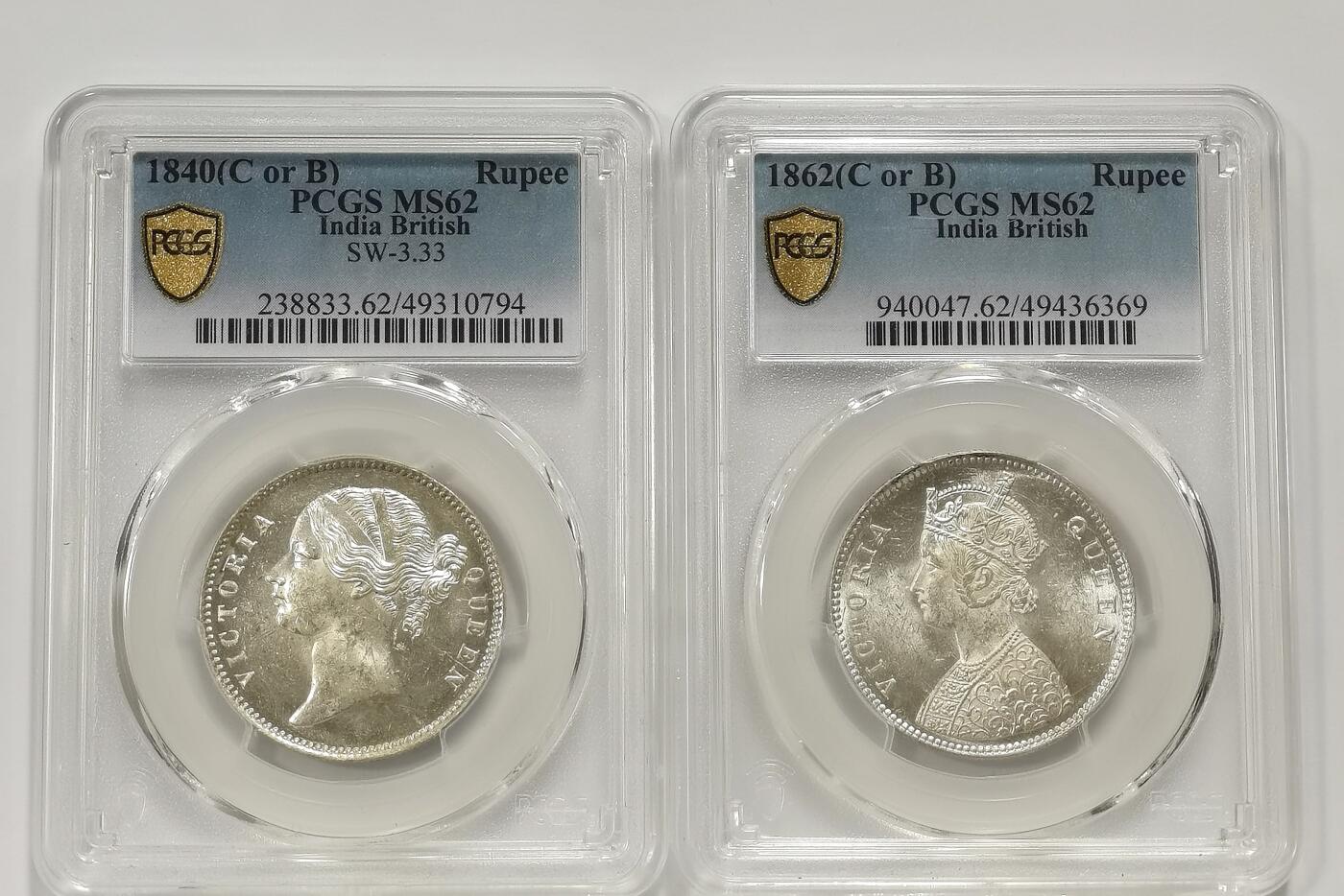 博洋堂世界钱币拍卖第140期（全场包邮） PCGS MS62 英属印度1840、1862年维多利亚1卢比银币2枚一对1