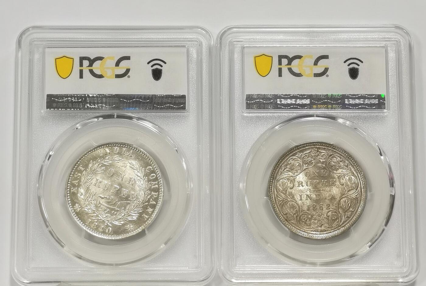 博洋堂世界钱币拍卖第140期（全场包邮） PCGS MS62 英属印度1840、1862年维多利亚1卢比银币2枚一对2
