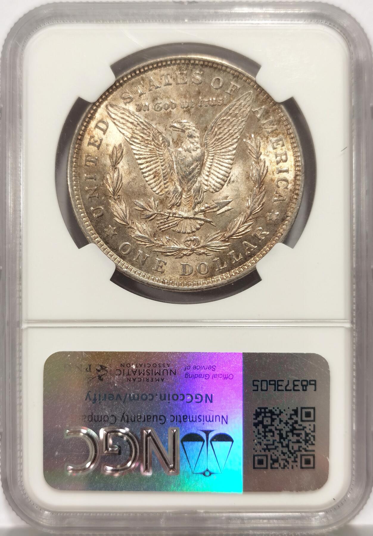 博洋堂世界钱币拍卖第140期（全场包邮） 美国1921年摩根银币NGC-MS63，原汁原味五彩老包浆，包浆醇厚，转光强烈细节优秀，状态极佳。