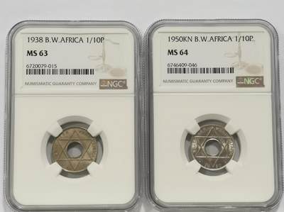 博洋堂世界钱币拍卖第140期（全场包邮） - NGC MS63/64 英属西非1938、1950年乔治六世1/10便士不同版2枚一对
