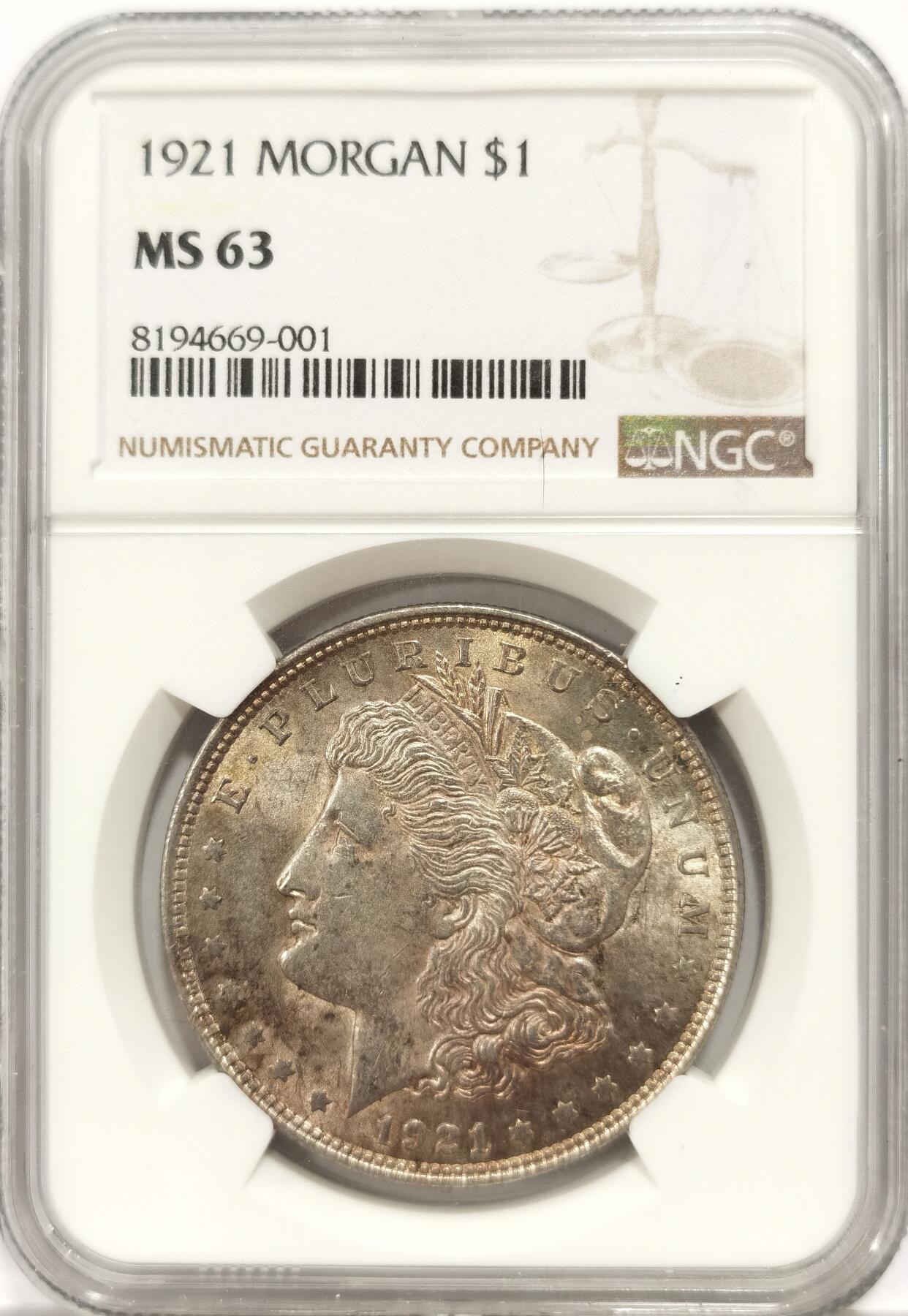 博洋堂世界钱币拍卖第140期（全场包邮） 美国1921年摩根银币NGC-MS63，原汁原味五彩老包浆，包浆醇厚，转光强烈细节优秀，状态极佳。