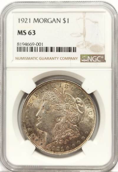 博洋堂世界钱币拍卖第140期（全场包邮） - 美国1921年摩根银币NGC-MS63，原汁原味五彩老包浆，包浆醇厚，转光强烈细节优秀，状态极佳。