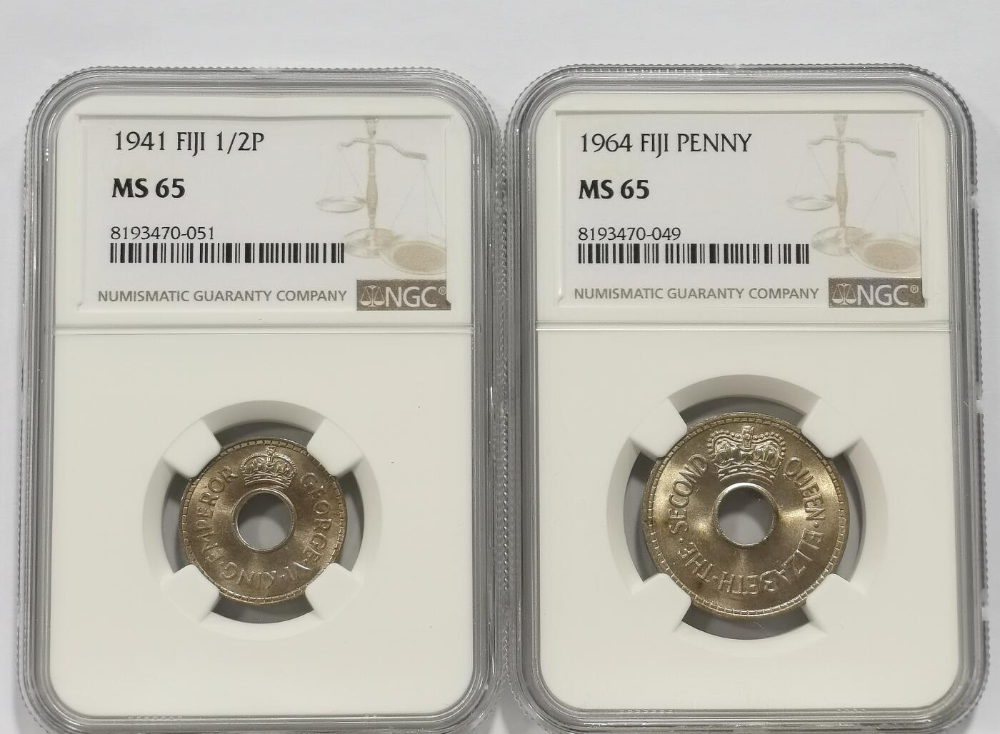 博洋堂世界钱币拍卖第140期（全场包邮） NGC MS65 英属斐济1941年1/2便士、1964年1便士2枚一对