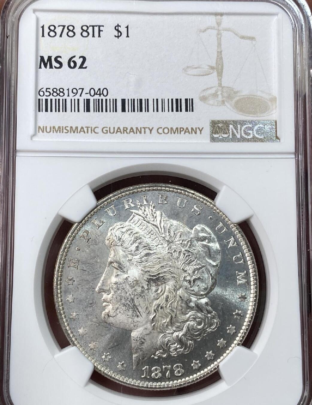 【美，首年八尾】1878 8TF $1 美国摩根银币，首年八尾名誉品，NGC MS62分，银霜转光