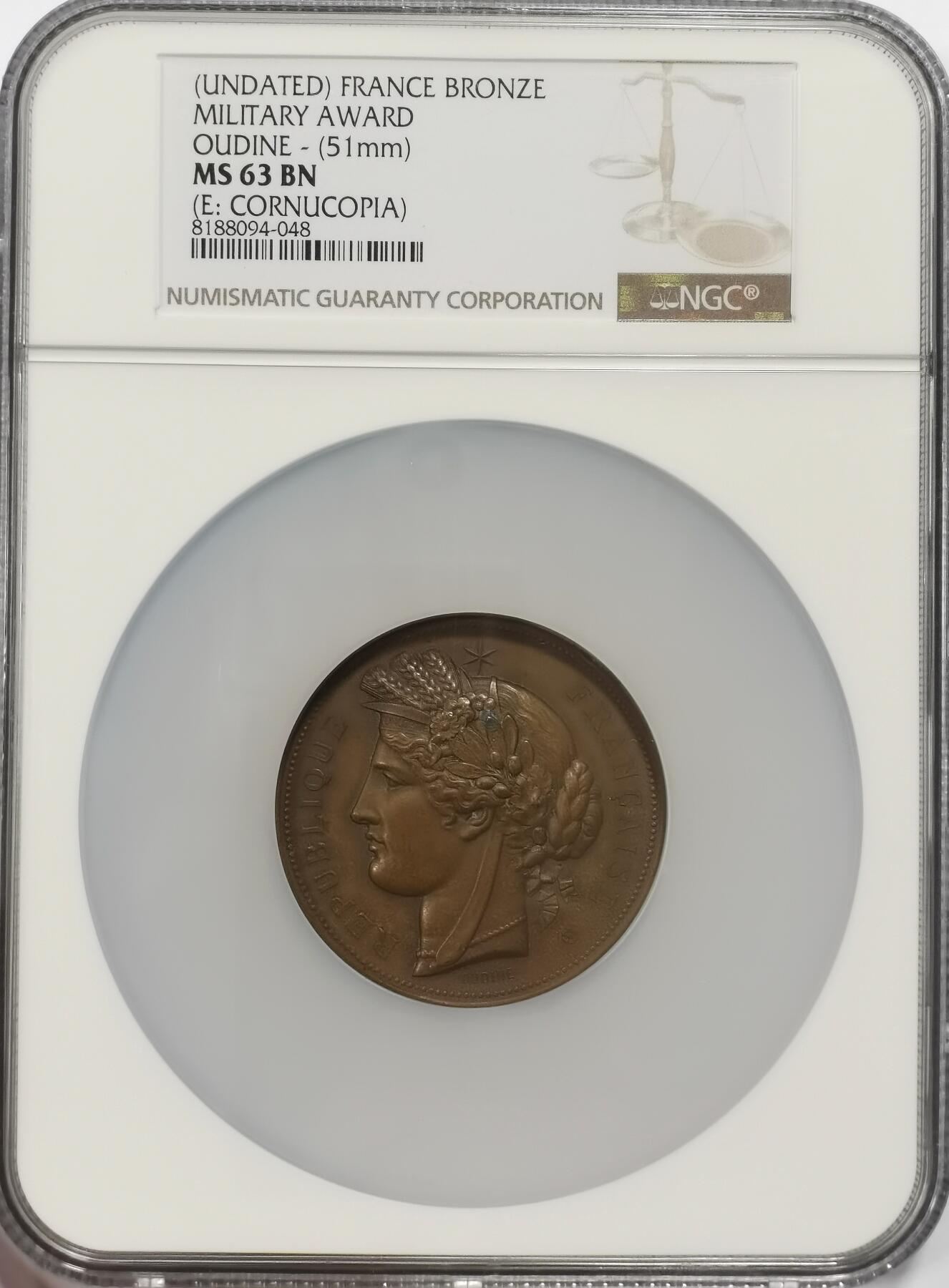 博洋堂世界钱币拍卖第140期（全场包邮） NGC MS63 唯一冠军分！法国1900以前军事服务奖章巨大款，高浮雕经典法国谷物女神，51mm巨大款！不是41甚至35mm小款！