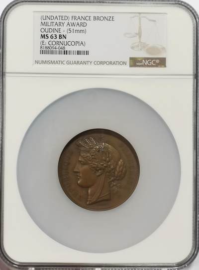 博洋堂世界钱币拍卖第140期（全场包邮） - NGC MS63 唯一冠军分！法国1900以前军事服务奖章巨大款，高浮雕经典法国谷物女神，51mm巨大款！不是41甚至35mm小款！