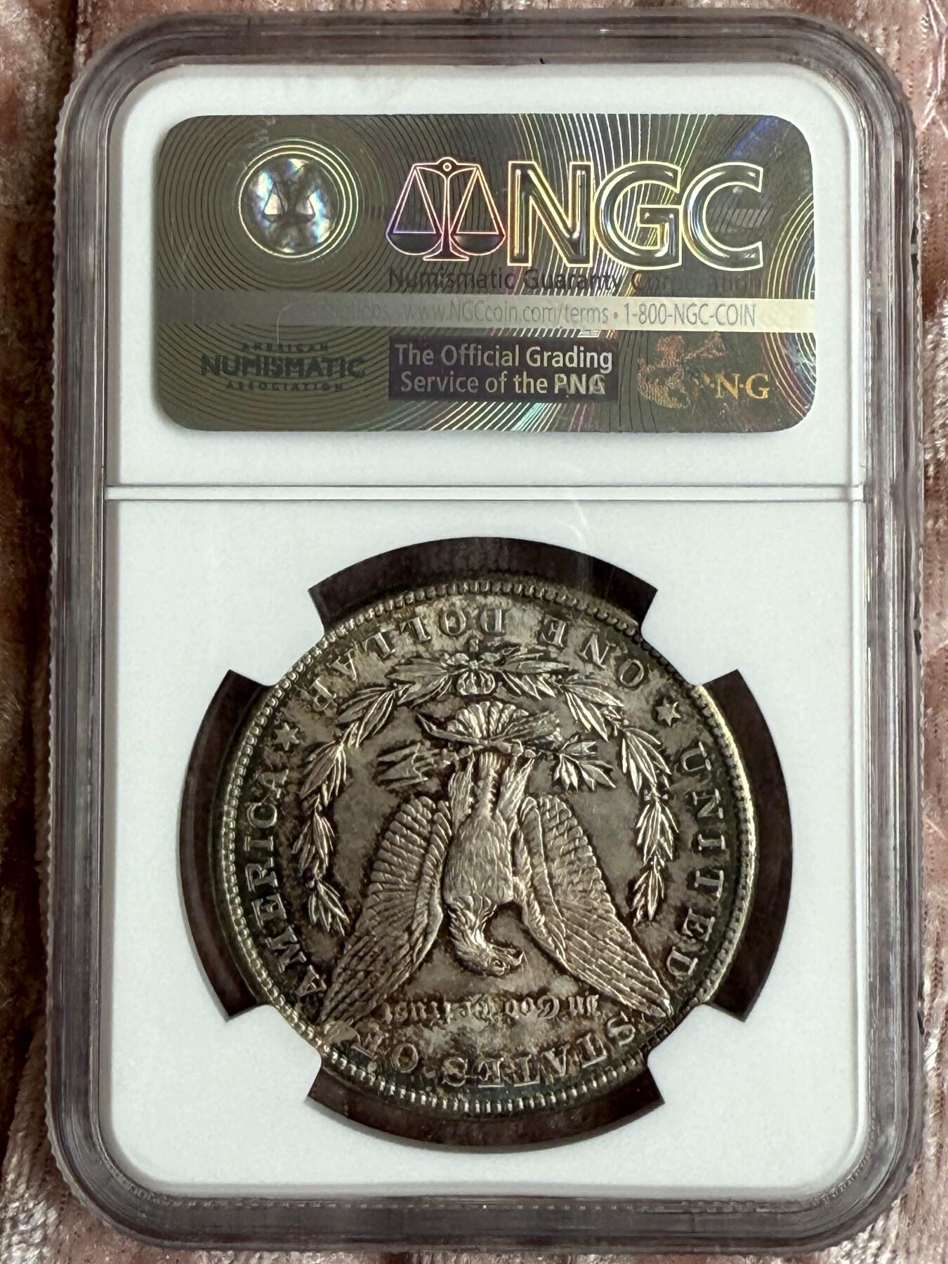 【彩，高分】1881-S $1 美国摩根银币，NGC MS64分，高点细节俱在，鹰羽完整，炫彩味道一流