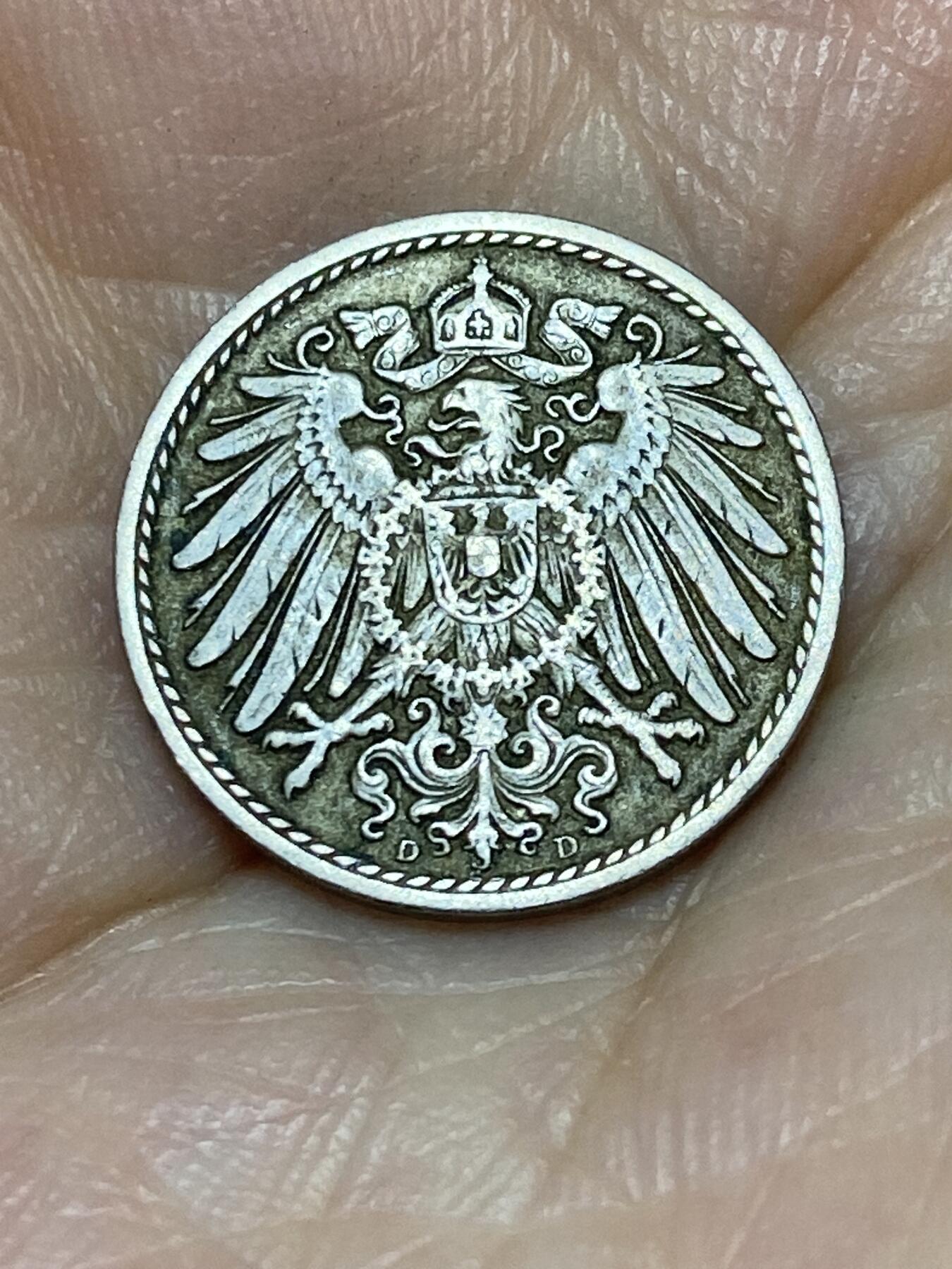 2025年第九十二场(总第一百一十八场）外国好品散币(免佣金) 德意志帝国1908年5芬尼(威廉二世时期，D标，慕尼黑造)
