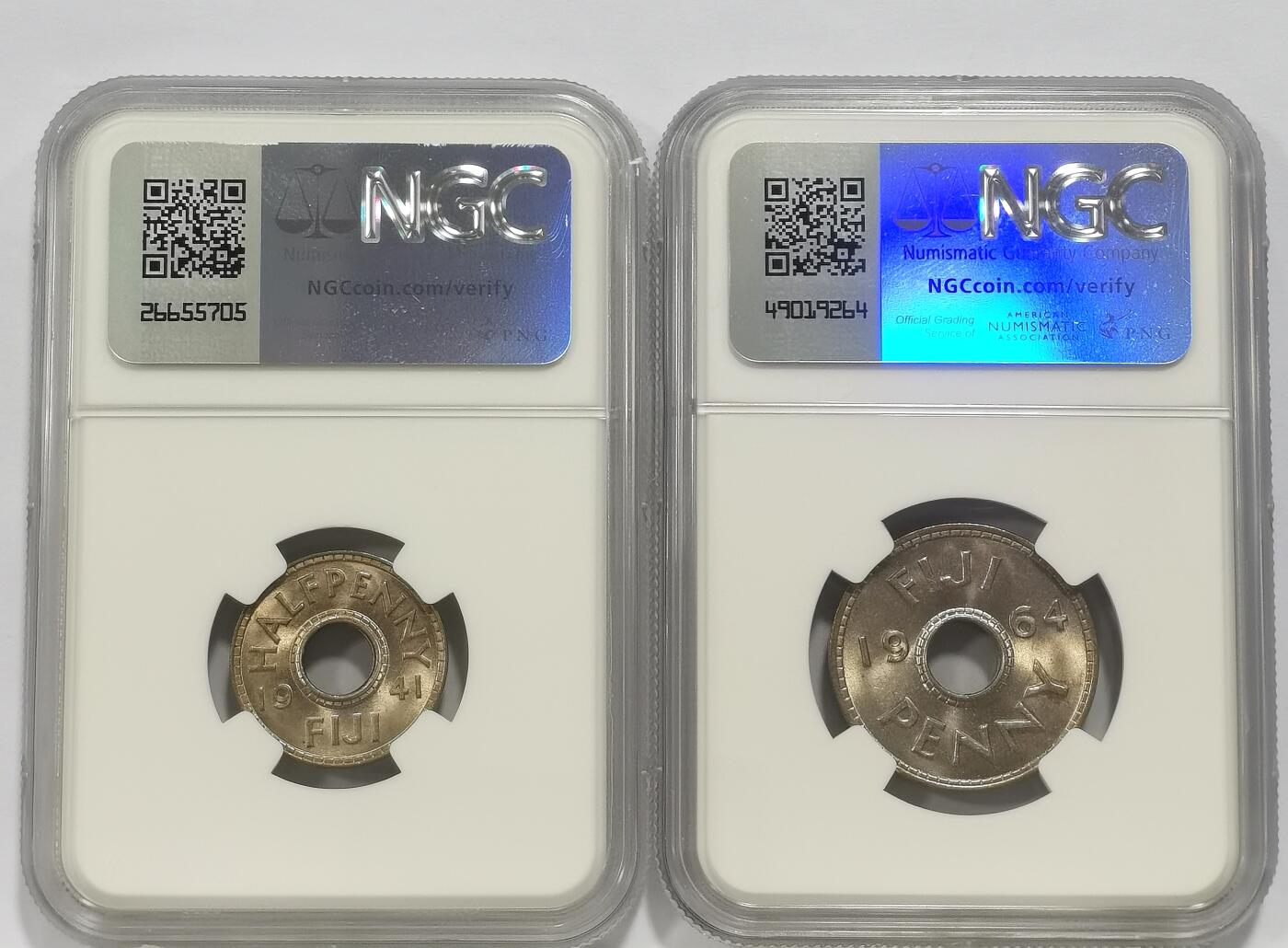 博洋堂世界钱币拍卖第140期（全场包邮） NGC MS65 英属斐济1941年1/2便士、1964年1便士2枚一对