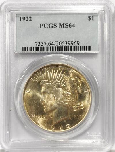 博洋堂世界钱币拍卖第140期（全场包邮） - PCGS MS64 美国1922年和平鹰银币，原色银光，PC老盒质量较高，个人看状态有接近65的潜力